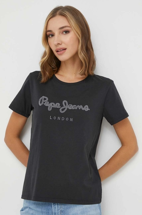 Pamučna majica Pepe Jeans za žene, boja: crna