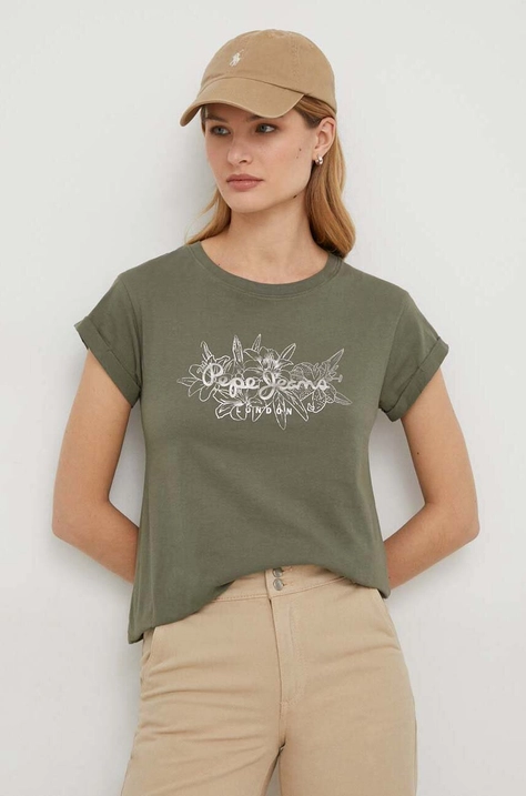 Pepe Jeans tricou din bumbac HELEN femei, culoarea verde