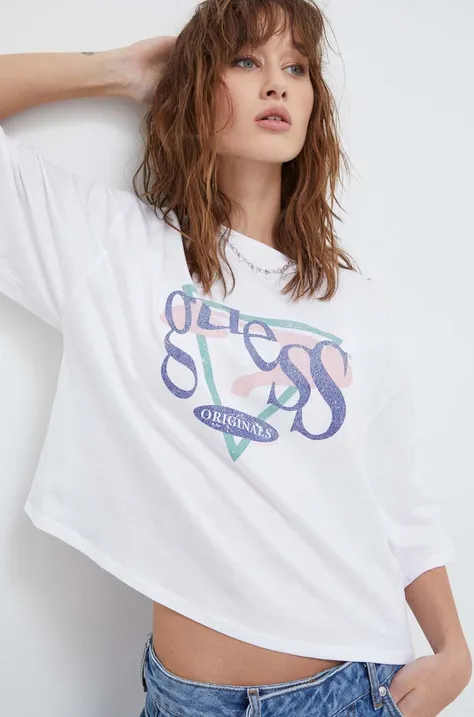 Bombažna kratka majica Guess Originals ženski, bela barva