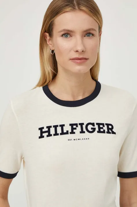 Pamučna majica Tommy Hilfiger za žene, boja: bež, WW0WW41208