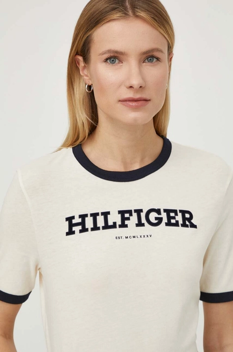 Pamučna majica Tommy Hilfiger za žene, boja: bež