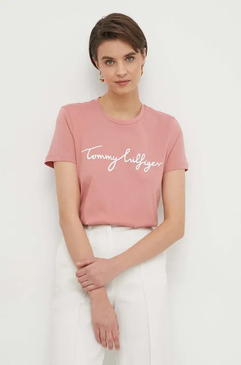 Pamučna majica Tommy Hilfiger za žene, boja: ružičasta, WW0WW41674