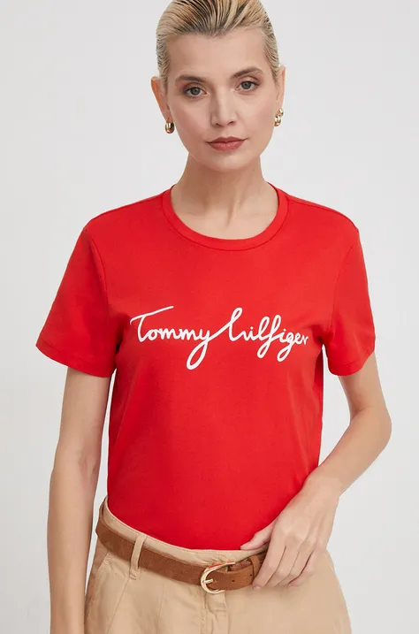 Bavlnené tričko Tommy Hilfiger dámsky, červená farba, WW0WW41674