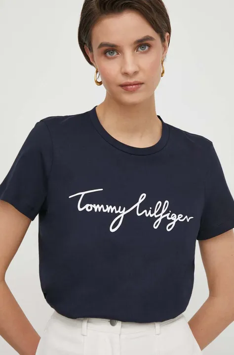 Pamučna majica Tommy Hilfiger za žene, boja: tamno plava
