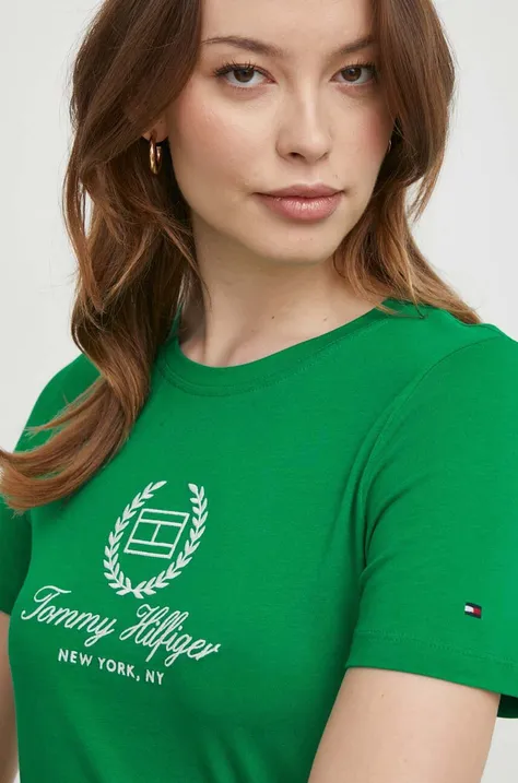 Bavlnené tričko Tommy Hilfiger dámsky,zelená farba,WW0WW41761