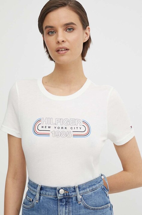 Βαμβακερό μπλουζάκι Tommy Hilfiger γυναικεία, χρώμα: μπεζ