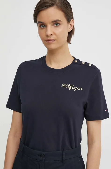 Bombažna kratka majica Tommy Hilfiger ženski, mornarsko modra barva