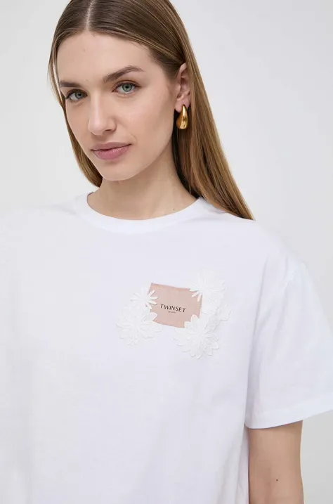 Pamučna majica Twinset za žene, boja: bijela