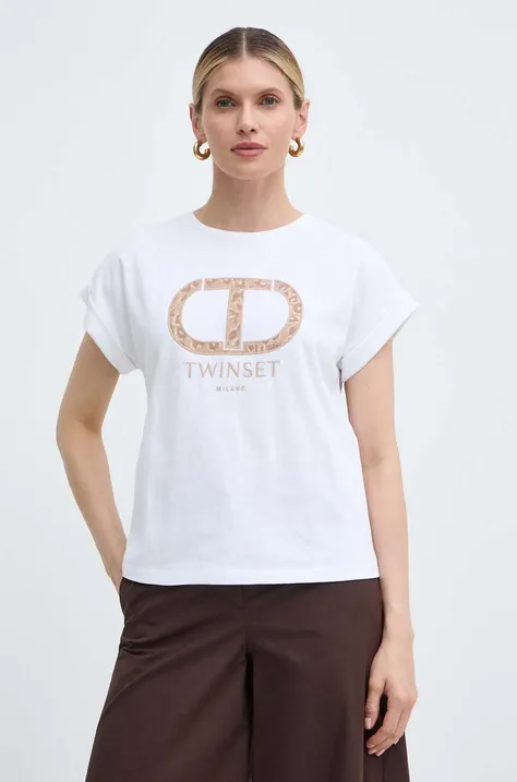 Bavlnené tričko Twinset dámsky, biela farba