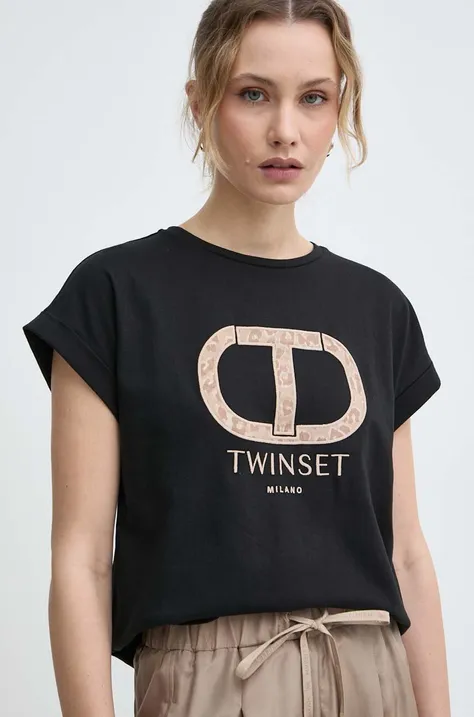 Bavlnené tričko Twinset dámsky, čierna farba