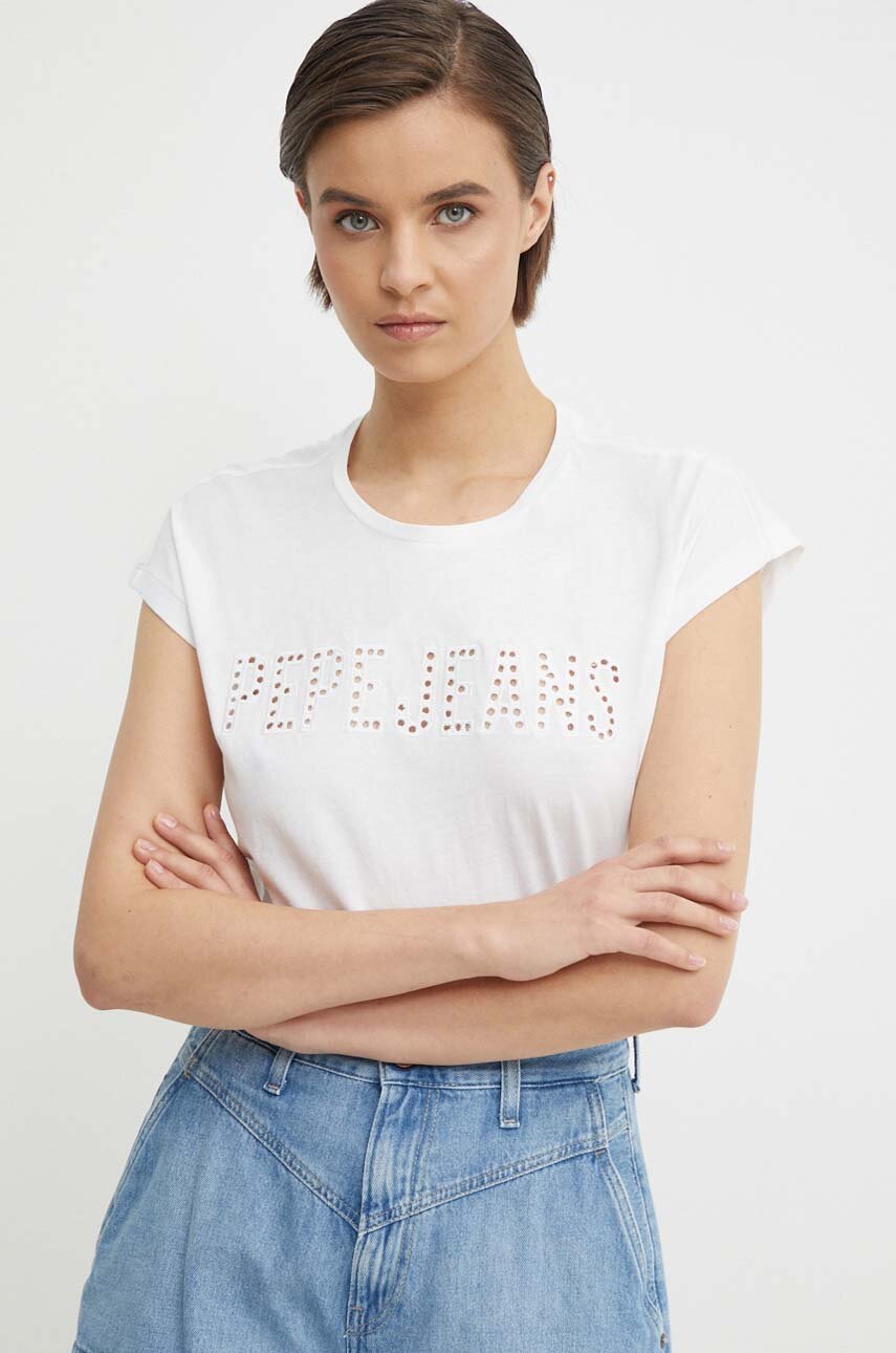 Pepe Jeans tricou din bumbac LILITH femei, culoarea alb, PL505837