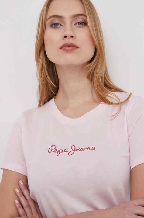 Βαμβακερό μπλουζάκι Pepe Jeans γυναικεία, χρώμα: ροζ