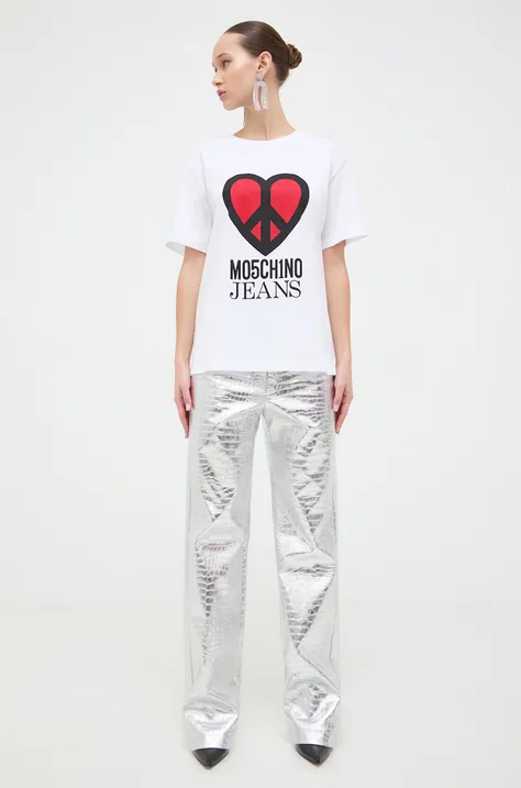 Moschino Jeans tricou din bumbac femei, culoarea alb