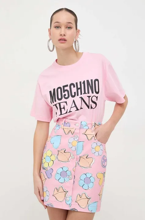 Pamučna majica Moschino Jeans za žene, boja: ružičasta
