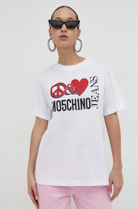 Bavlnené tričko Moschino Jeans dámsky, biela farba