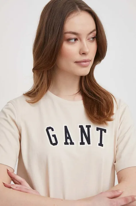 Βαμβακερό μπλουζάκι Gant γυναικεία, χρώμα: μπεζ