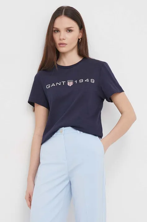 Pamučna majica Gant za žene, boja: tamno plava
