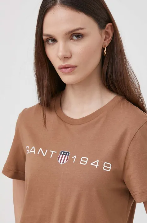 Βαμβακερό μπλουζάκι Gant γυναικεία, χρώμα: καφέ