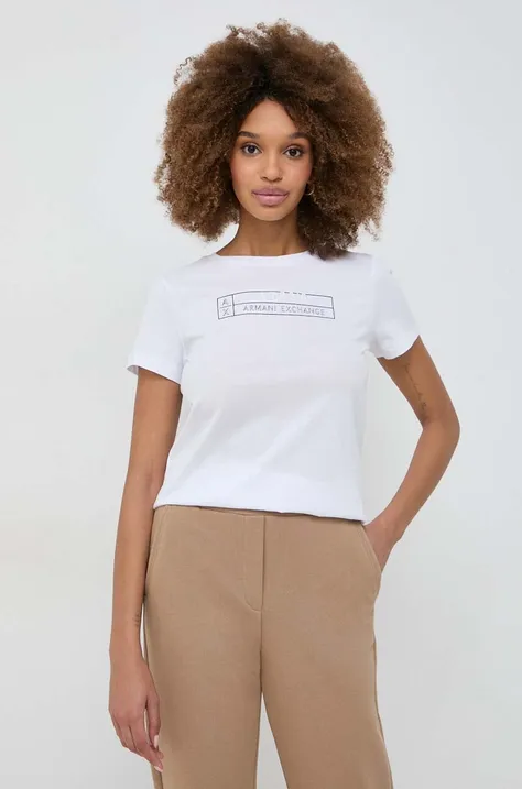 Bombažna kratka majica Armani Exchange ženski, bela barva