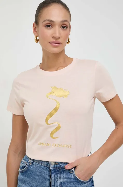 Bombažna kratka majica Armani Exchange ženski, roza barva