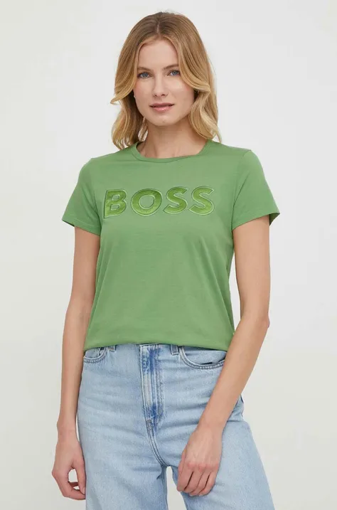 Bombažna kratka majica BOSS ženski, zelena barva