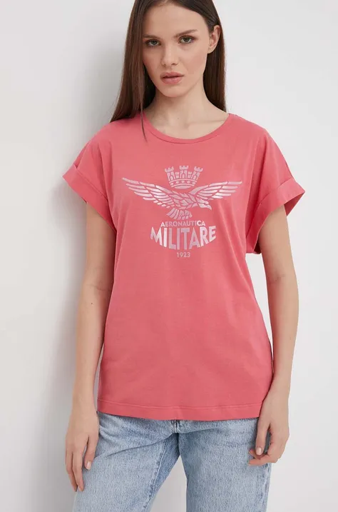 Βαμβακερό μπλουζάκι Aeronautica Militare γυναικεία, χρώμα: ροζ