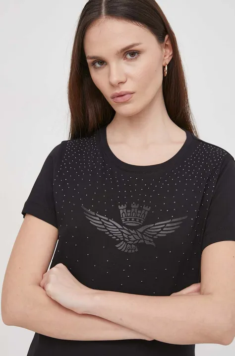 Bavlnené tričko Aeronautica Militare dámsky, čierna farba