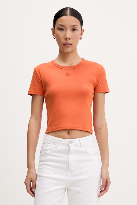 HUGO crop top dámský s bavlnou Delanor oranžový 50512000