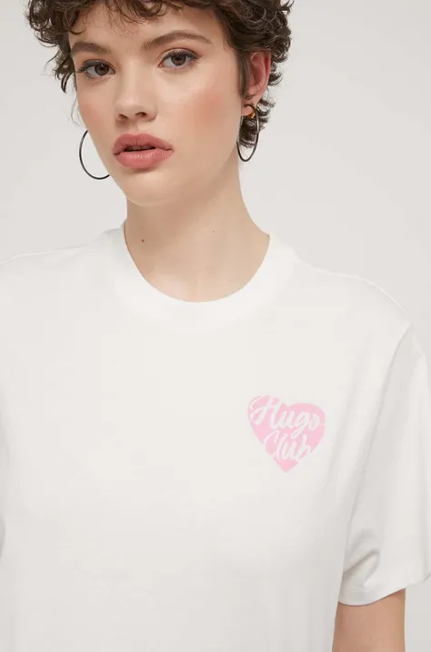 Βαμβακερό μπλουζάκι HUGO γυναικεία, χρώμα: μπεζ