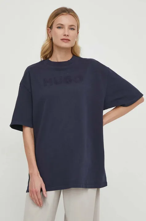 Βαμβακερό μπλουζάκι HUGO γυναικεία, χρώμα: ναυτικό μπλε
