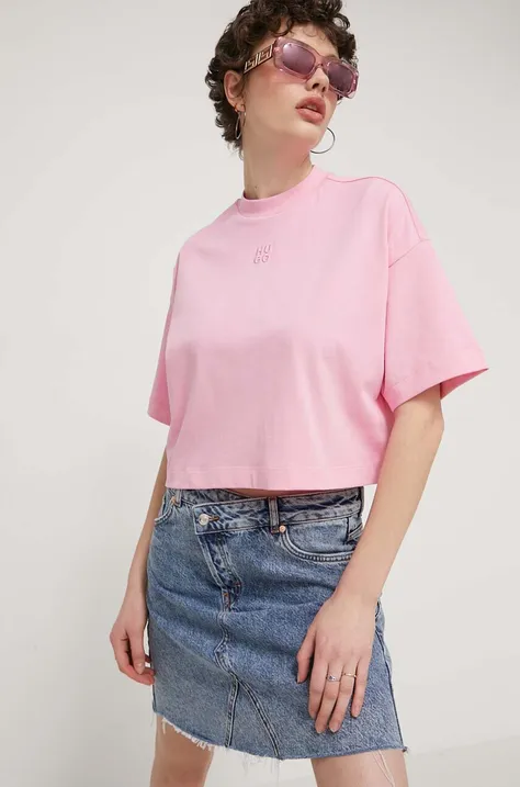 Βαμβακερό μπλουζάκι HUGO γυναικείο, χρώμα: ροζ, 50517790
