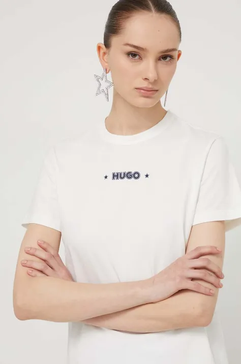 Bombažna kratka majica HUGO ženski, bela barva