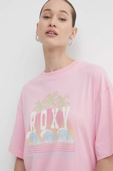 Βαμβακερό μπλουζάκι Roxy γυναικείο, χρώμα: ροζ, ERJZT05692