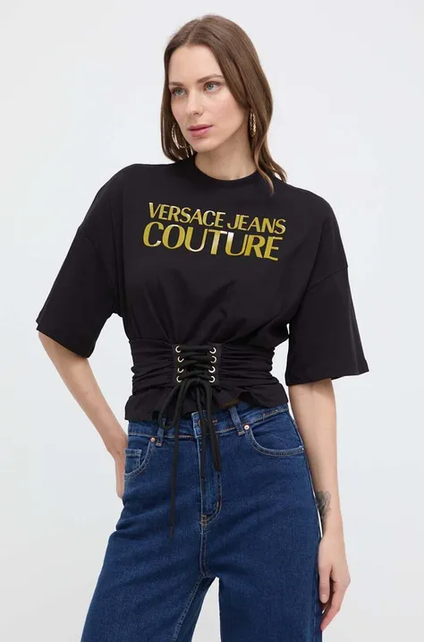 Pamučna majica Versace Jeans Couture za žene, boja: crna