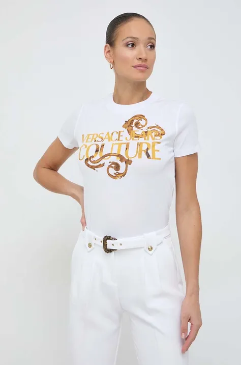 Bavlnené tričko Versace Jeans Couture dámsky, biela farba
