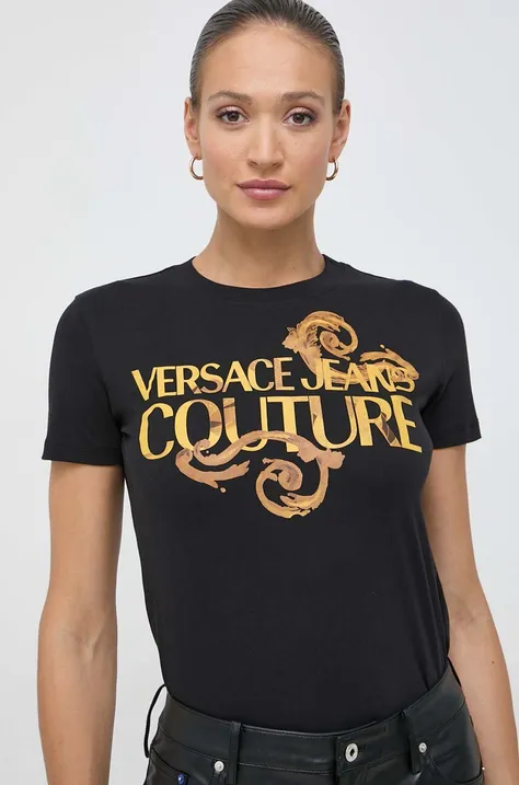 Bavlnené tričko Versace Jeans Couture dámsky, čierna farba