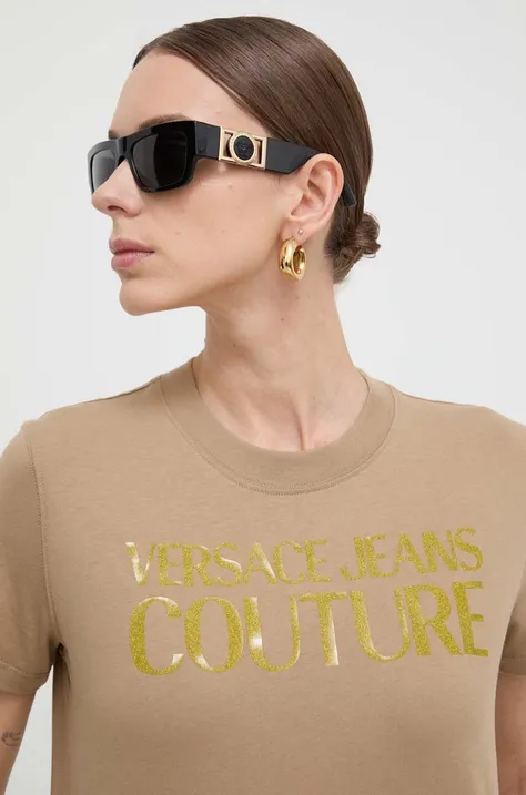 Bombažna kratka majica Versace Jeans Couture ženski, bež barva