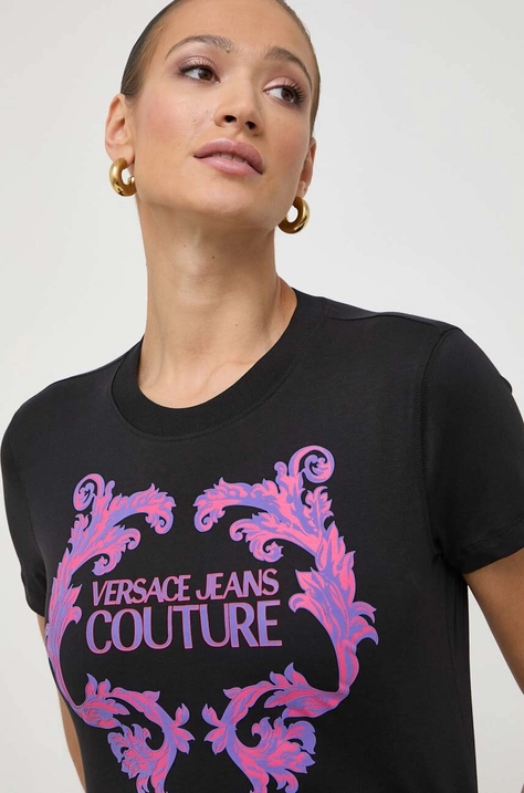 Bombažna kratka majica Versace Jeans Couture ženski, črna barva