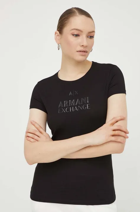 Βαμβακερό μπλουζάκι Armani Exchange γυναικεία, χρώμα: μαύρο