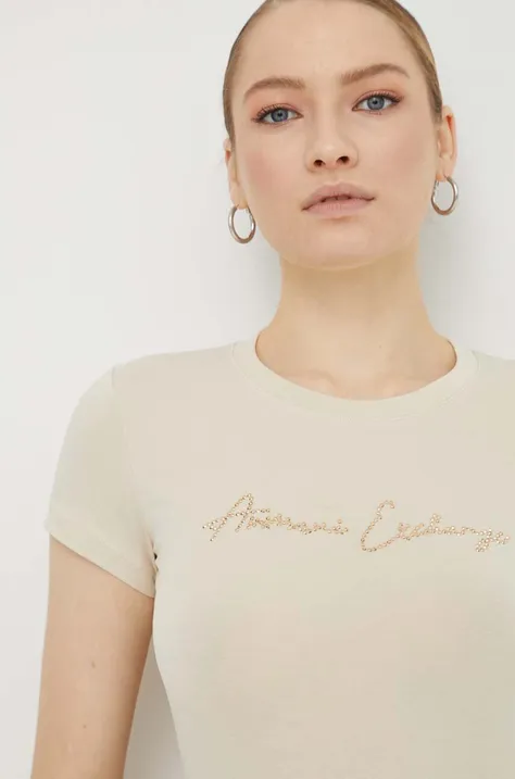 Kratka majica Armani Exchange ženski, bež barva