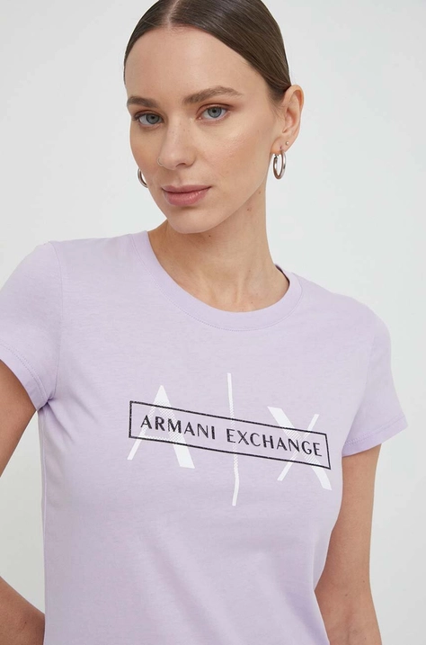 Bombažna kratka majica Armani Exchange ženski, vijolična barva