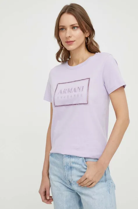 Bombažna kratka majica Armani Exchange ženski, vijolična barva