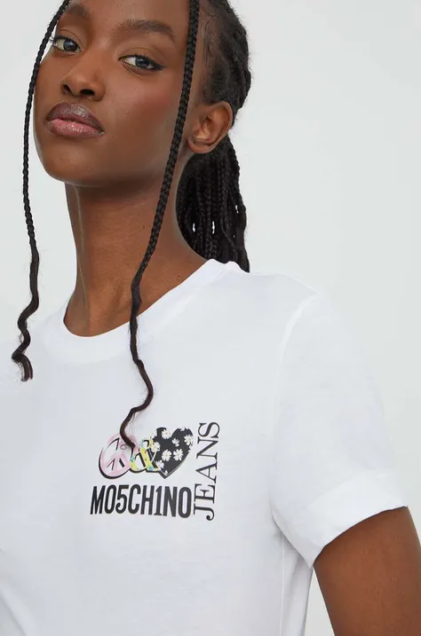 Bavlnené tričko Moschino Jeans dámsky, biela farba