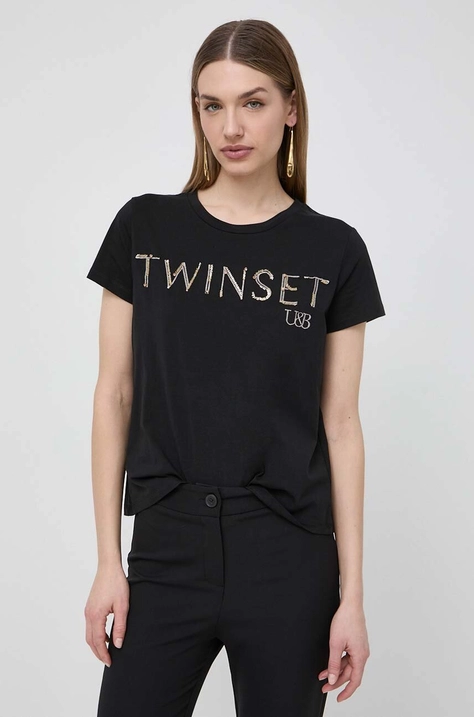 Twinset tricou din bumbac femei, culoarea negru