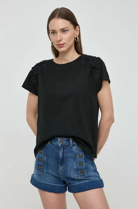 Βαμβακερό μπλουζάκι Twinset γυναικεία, χρώμα: μαύρο