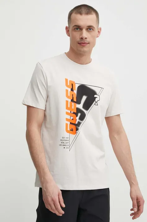 Guess t-shirt EWAN bézs, férfi, nyomott mintás, Z4GI10 J1314