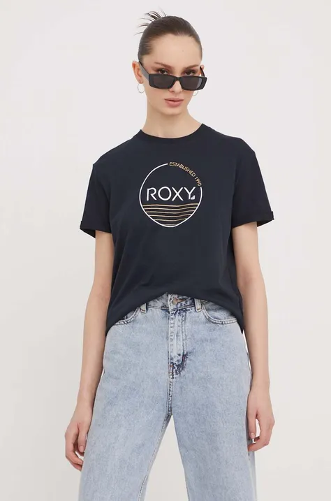 Pamučna majica Roxy za žene, boja: crna