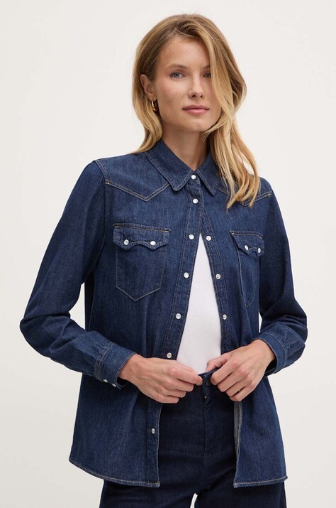 United Colors of Benetton camasa jeans femei, culoarea albastru marin, cu guler clasic, regular