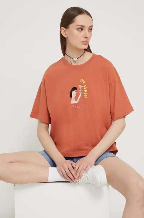 Bombažna kratka majica Volcom x ARTHUR LONGO ženska, oranžna barva