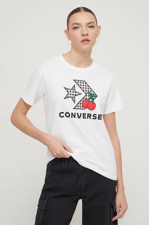 Bombažna kratka majica Converse ženski, bela barva